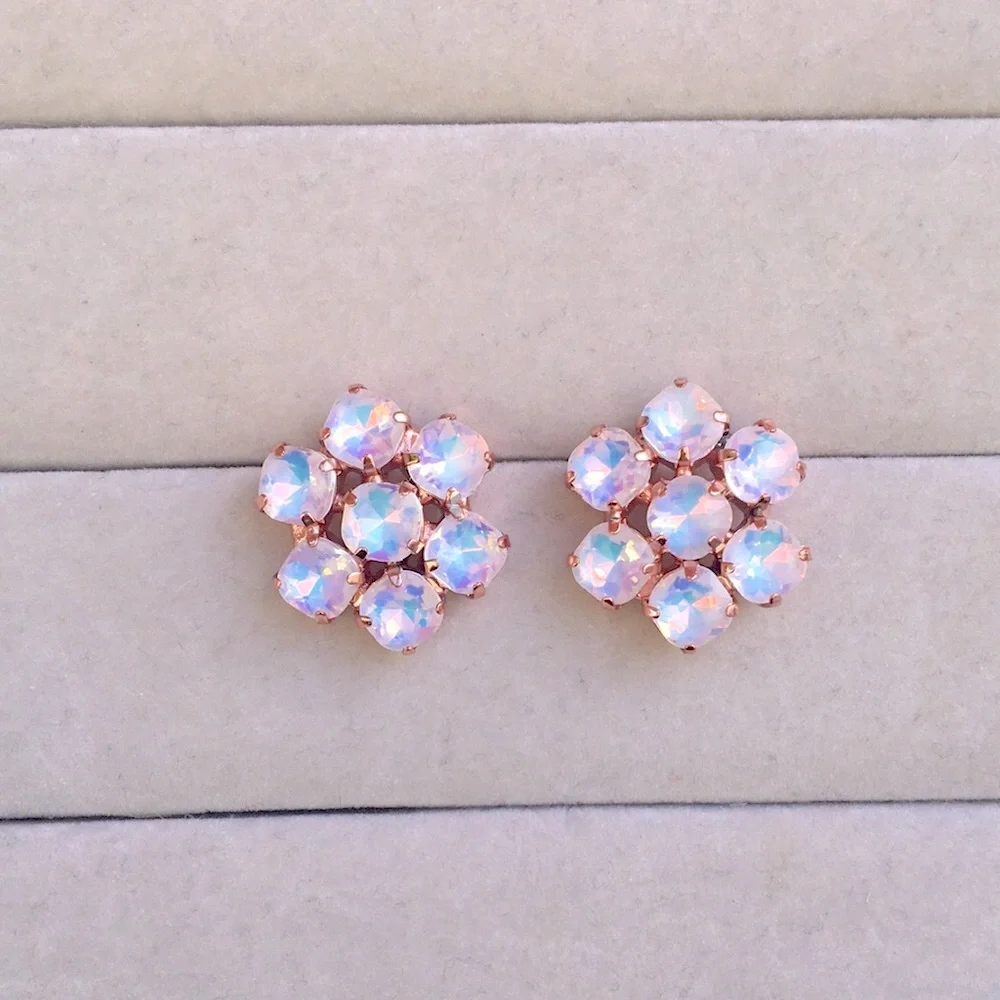 White Opal Aurora Borealis + Rose Gold Crystal Flower Earrings